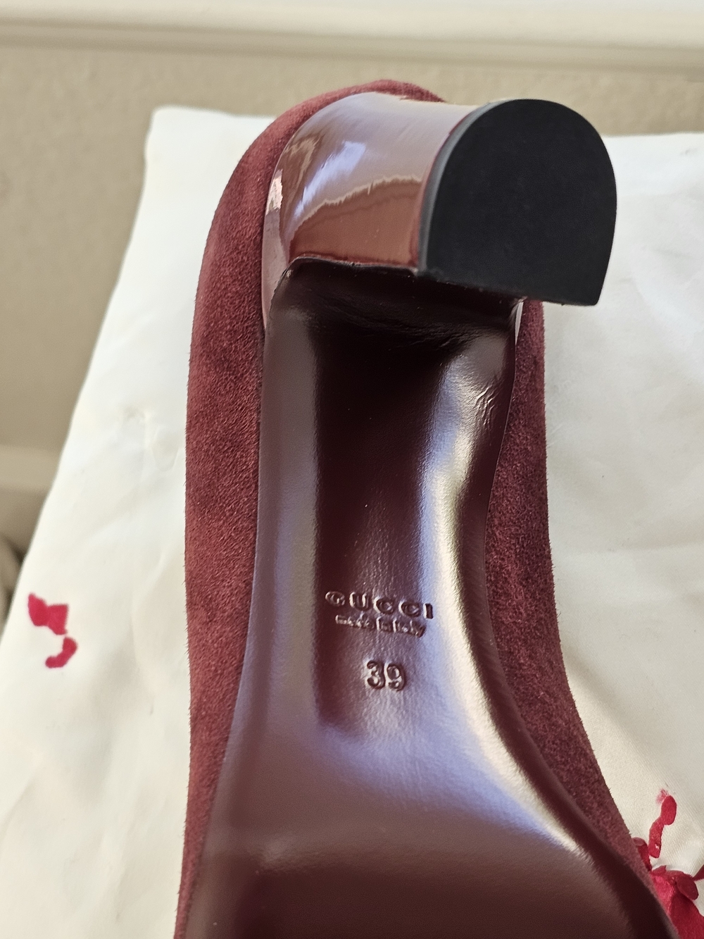 Gucci Women's Burgundy Suede & Patent Leather Horsebit Pumps. Heel 3.5 Inches - Picture 3 of 5